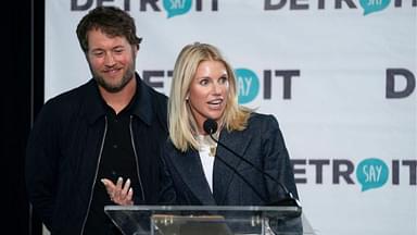 Matthew and Kelly Stafford make remarks before the ribbon cutting for the Kelly and Matthew Stafford and Friends Education Center at the S.A.Y Detroit Play Center in Detroit on Monday, April 1, 2024.