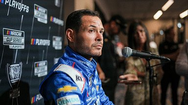 Kyle Larson speaks to media members during the NASCAR Playoffs Media Day at the Charlotte Convention Center.