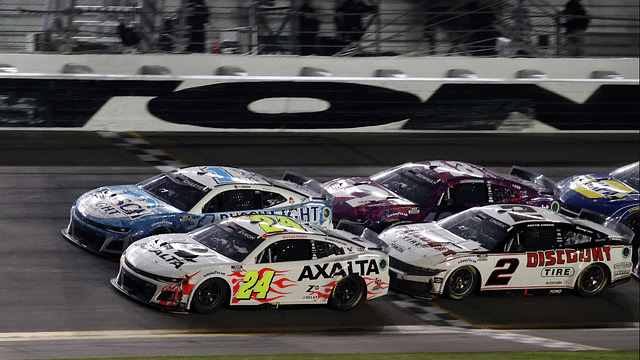 NASCAR Cup Series driver William Byron (24) leads driver Ross Chastain (1) during the Daytona 500 at Daytona International Speedway.