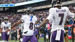 Baltimore Ravens quarterback Lamar Jackson (8) and wide receiver Rashod Bateman (7) celebrates after a touchdown pass during the first half against the New York Giants at MetLife Stadium.