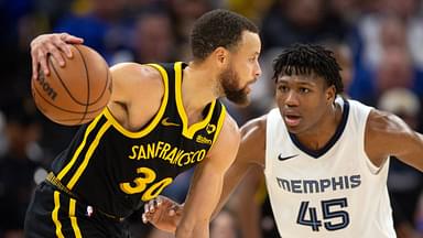 Golden State Warriors guard Stephen Curry (30) looks to drive around Memphis Grizzlies forward GG Jackson II (45) during the third quarter at Chase Center.