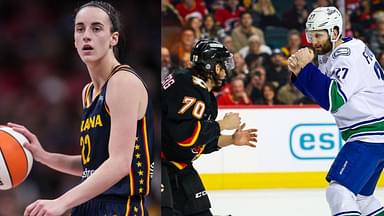 Caitlin Clark (L), A fight between the Vancouver Canucks and the Calgary Flames in the NHL (R)