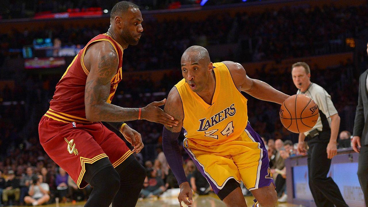 Cleveland Cavaliers forward LeBron James (23) guards Los Angeles Lakers forward Kobe Bryant (24) on the court in the first half of the game at Staples Center.