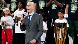 NBA commissioner Adam Silver presents the trophy to the Milwaukee Bucks after they won the Emirates NBA Cup championship game against the Oklahoma City Thunder at T-Mobile Arena