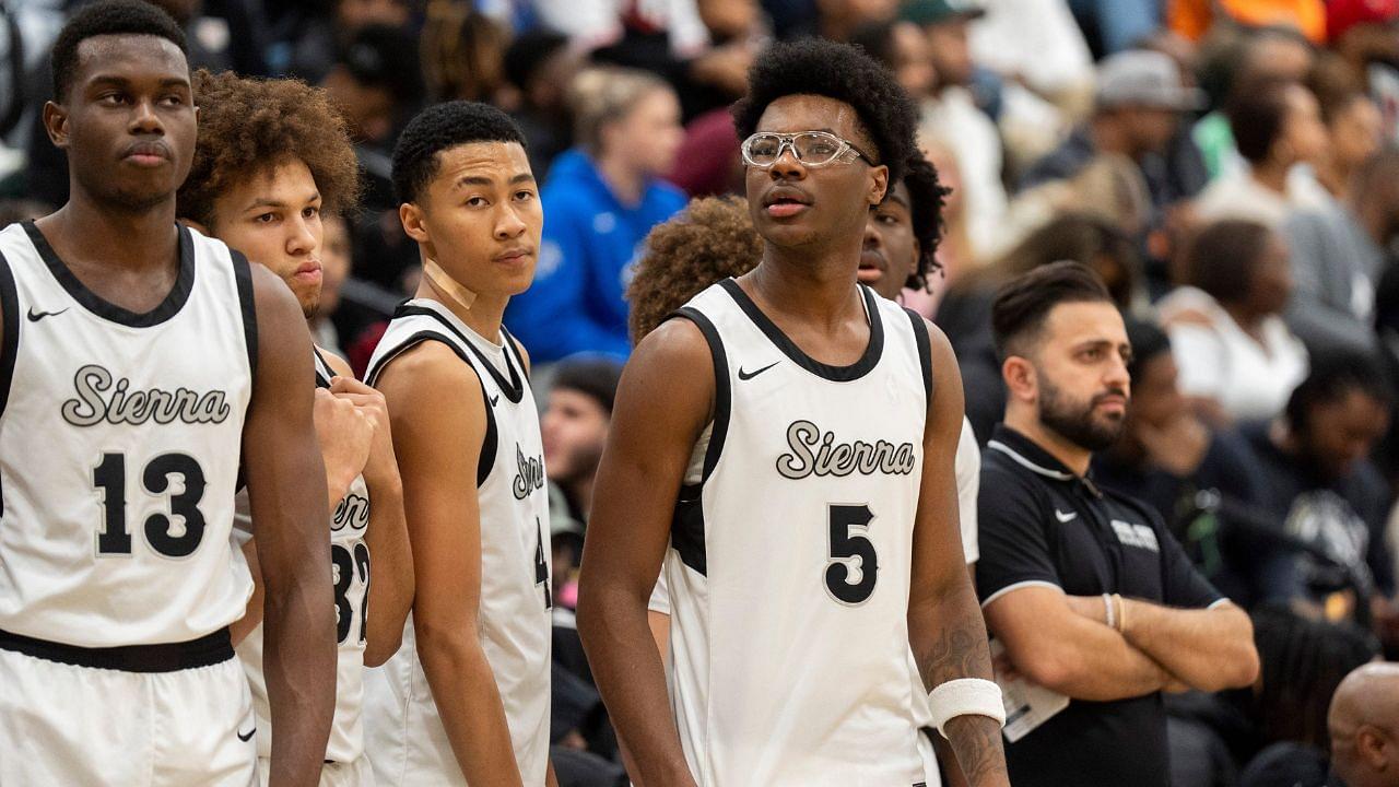 Sierra Canyon’s Bryce James (5), the son of NBA player LeBron James, stands with his teammates by the bench before the game between Sierra Canyon and Bartlett High School during Memphis Hoopfest in Eads, Tenn., on Friday, January 3, 2025.