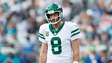 New York Jets quarterback Aaron Rodgers (8) reacts after a missed throw against the Jacksonville Jaguars during the first quarter at EverBank Stadium.