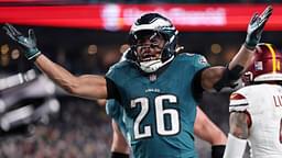 Jan 26, 2025; Philadelphia, PA, USA; Philadelphia Eagles running back Saquon Barkley (26) celebrates after a touchdown against the Washington Commanders during the second half in the NFC Championship game at Lincoln Financial Field.