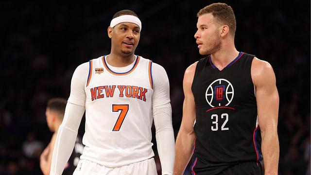 New York Knicks small forward Carmelo Anthony (7) talks to Los Angeles Clippers power forward Blake Griffin (32) during the fourth quarter at Madison Square Garden.