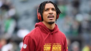 Washington Commanders quarterback Jayden Daniels (5) looks on before the NFC Championship game at Lincoln Financial Field.