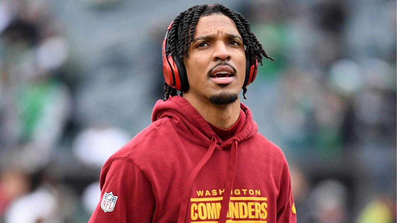 Washington Commanders quarterback Jayden Daniels (5) looks on before the NFC Championship game at Lincoln Financial Field.