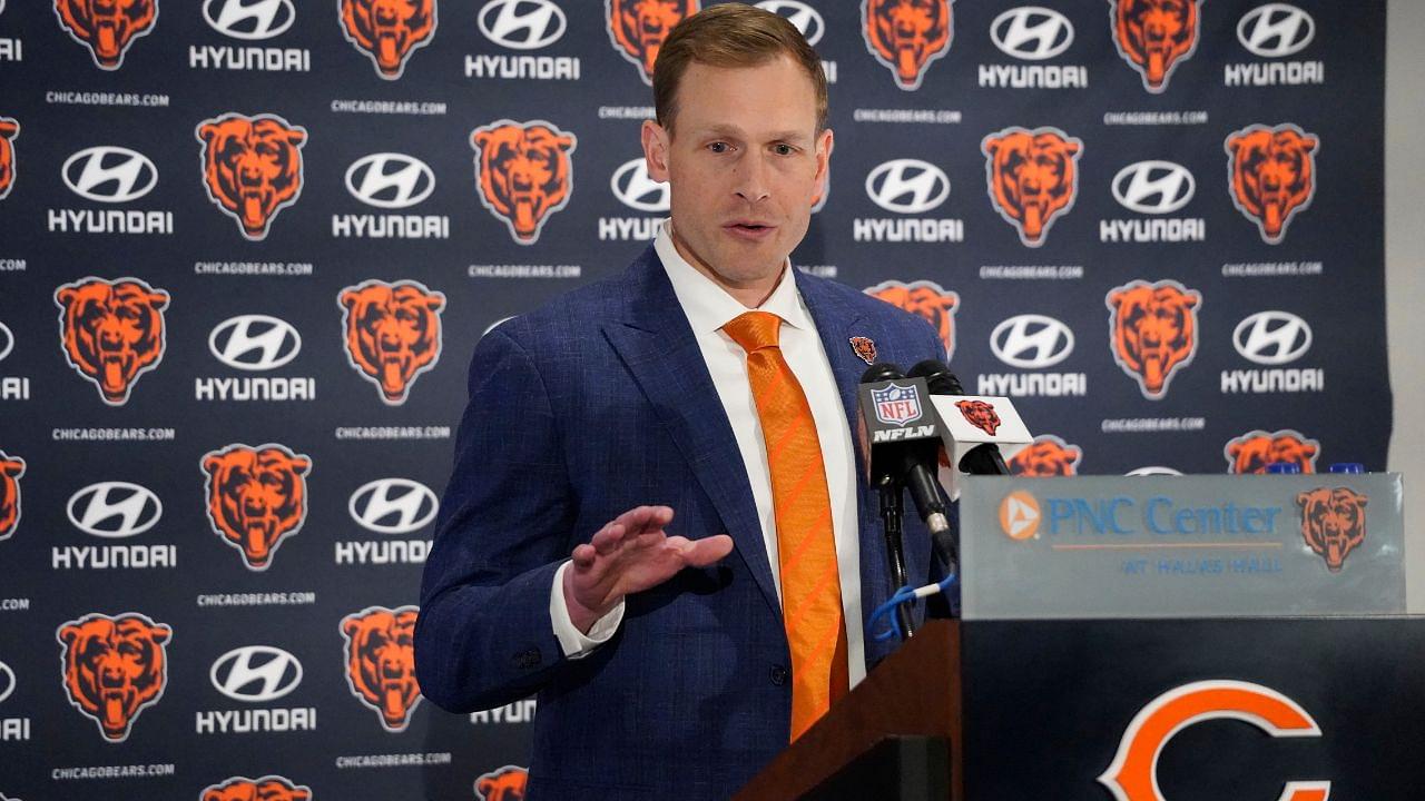 Chicago Bears head coach Ben Johnson answers questions during a introductory press conference at PNC Center.