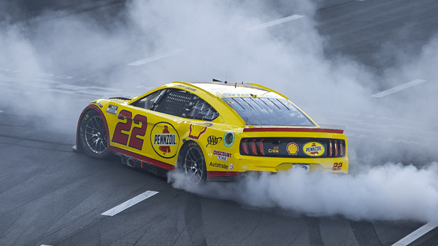 NASCAR Cup Series driver Joey Logano celebrates with a burnout after winning the Busch Light Clash at The Coliseum at Los Angeles Memorial Coliseum.