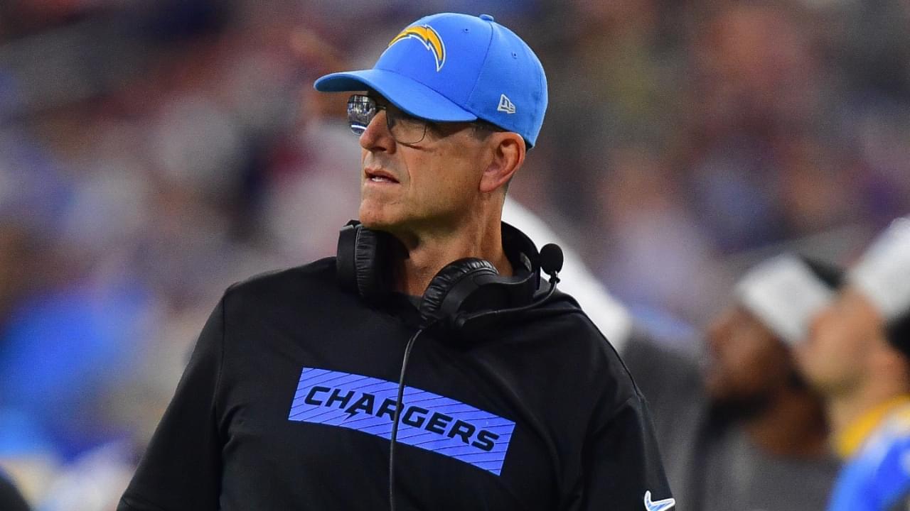 Dec 19, 2024; Inglewood, California, USA; Los Angeles Chargers head coach Jim Harbaugh watches game action against the Denver Broncos during the first half at SoFi Stadium.