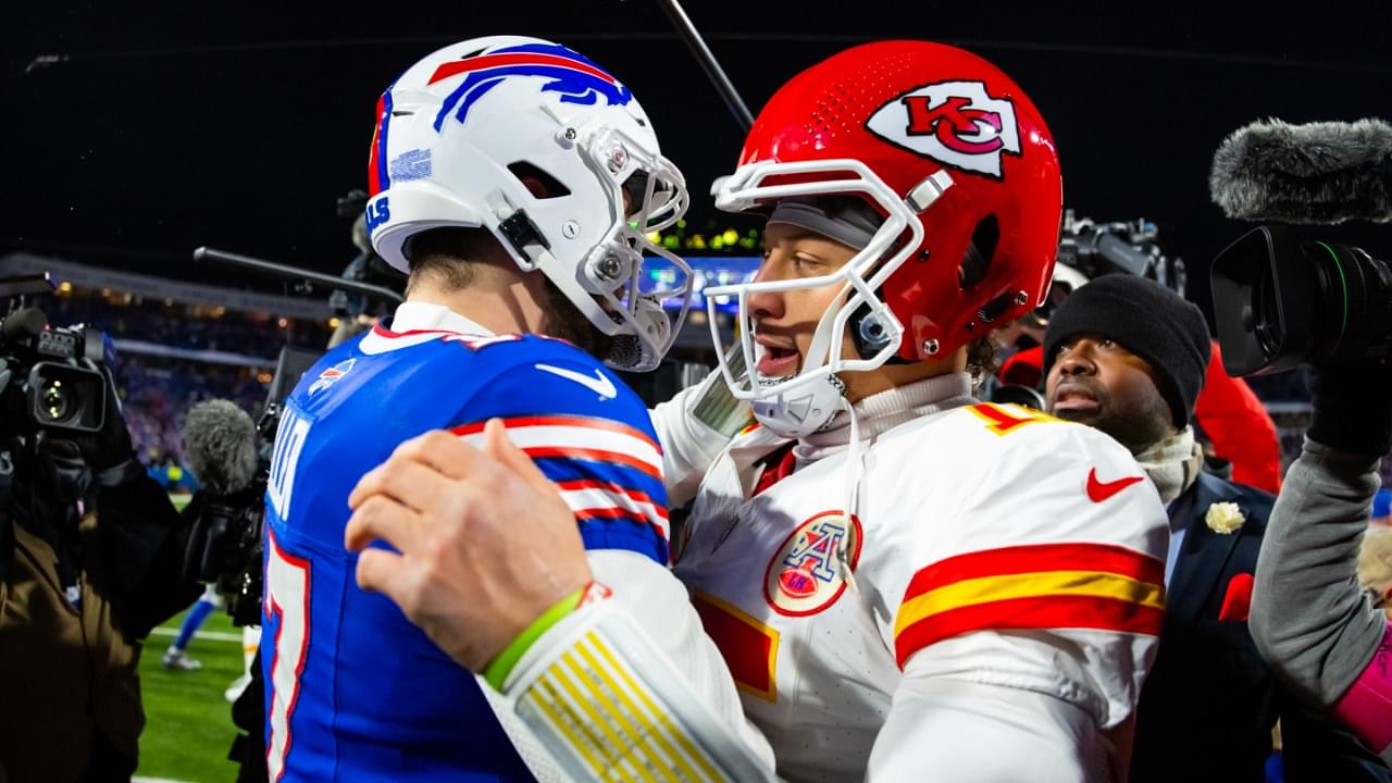 Jan 21, 2024; Orchard Park, New York, USA; Kansas City Chiefs quarterback Patrick Mahomes (15) greets Buffalo Bills quarterback Josh Allen (17) following the 2024 AFC divisional round game at Highmark Stadium.