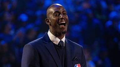 NBA great Kevin Garnett is honored for being selected to the NBA 75th Anniversary Team during halftime in the 2022 NBA All-Star Game at Rocket Mortgage FieldHouse.