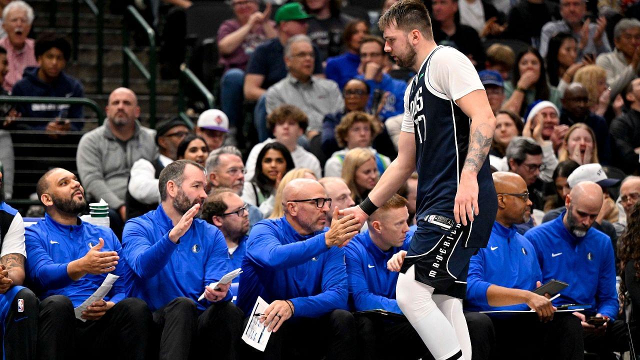 Dallas Mavericks guard Luka Doncic (77) leaves the game against the Portland Trail Blazers during the second half at the American Airlines Center.