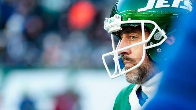 New York Jets quarterback Aaron Rodgers (8) is shown during Gang GreenÃ•s 19-9 loss against the Los Angeles Rams, Sunday, December 22, 2024, in East Rutherford.