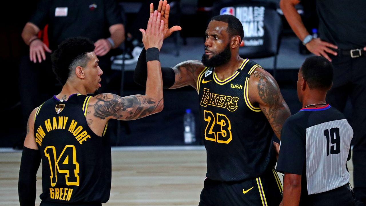 Los Angeles Lakers forward LeBron James (23) celebrates with guard Danny Green (14) after a play during the third quarter against the Miami Heat in game two of the 2020 NBA Finals at AdventHealth Arena