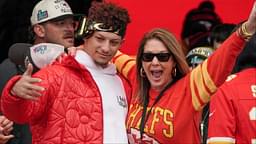 Kansas City Chiefs quarterback Patrick Mahomes (15) celebrates with his mother Randi Martin during the Kansas City Chiefs Super Bowl parade.