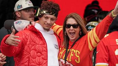 Kansas City Chiefs quarterback Patrick Mahomes (15) celebrates with his mother Randi Martin during the Kansas City Chiefs Super Bowl parade.