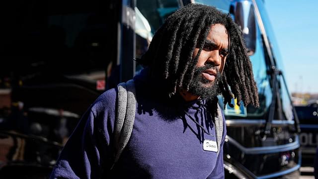 Michigan running back Donovan Edwards (7) walks off the bus as team arrive for the Oregon game at Michigan Stadium in Ann Arbor on Saturday, Nov. 2, 2024.