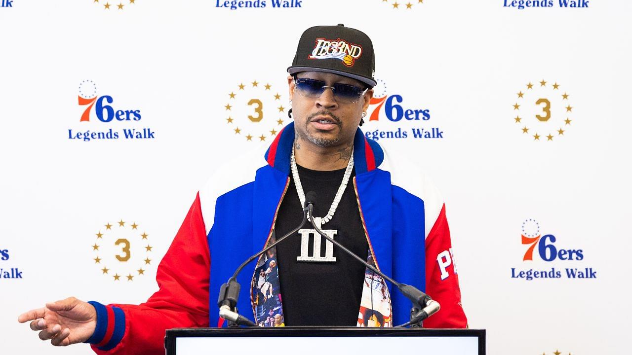 Philadelphia 76ers great Allen Iverson speaks at the podium during the unveiling of a statue honoring him in a ceremony at Penn Medicine Philadelphia 76ers Training Complex.