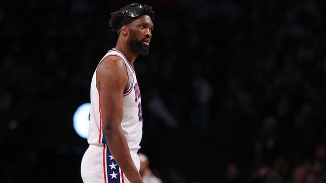 Philadelphia 76ers center Joel Embiid (21) looks up court during the first quarter against the Brooklyn Nets at Barclays Center.