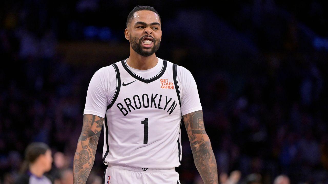 Brooklyn Nets guard D'Angelo Russell (1) reacts as he leaves the court after missing a 3-point basket at the buzzer against the Los Angeles Lakers at Crypto.com Arena.