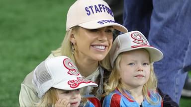 Kelly Stafford on the sideline with her twin daughters, Sawyer and Chandler, at Ford Field on Oct. 20, 2019. Syndication Unknown