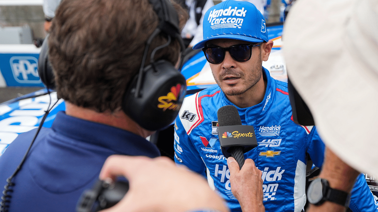 NASCAR Cup Series driver Kyle Larson (5) is interviewed ahead of the Brickyard 400, Sunday, July 21, 2024, at Indianapolis Motor Speedway.