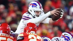 Jan 26, 2025; Kansas City, MO, USA; Buffalo Bills quarterback Josh Allen (17) dives for a first down against the Kansas City Chiefs during the second half in the AFC Championship game at GEHA Field at Arrowhead Stadium.