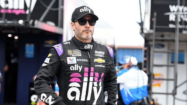 Aug 9, 2019; Brooklyn, MI, USA; NASCAR Cup Series driver Jimmie Johnson (48) looks on during practice for the Consumers Energy 400 at Michigan Speedway. Mandatory Credit: Mike DiNovo-Imagn Images