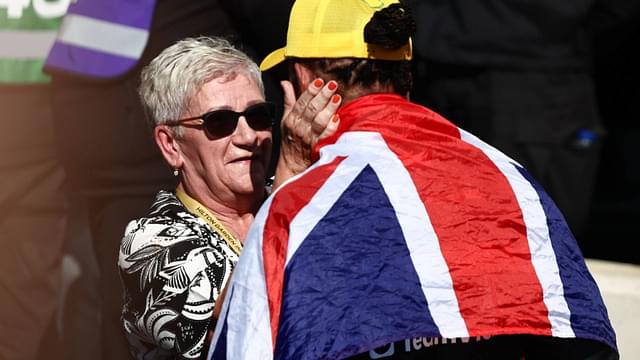 F1 British Grand Prix 2024 Carmen Larbalestier and Lewis Hamilton of Mercedes after the Formula 1 British Grand Prix at Silverstone Circuit in Northampton, Great Britain on July 7, 2024.