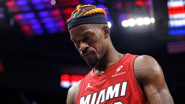 Miami Heat forward Jimmy Butler (22) walks off the court after the game against the Detroit Pistons at Little Caesars Arena