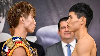 Naoya Inoue (L) of Japan and Kim Ye-joon of South Korea pose during the official weigh-in ahead of their world super-bantamweight title boxing bout in Yokohama, Kanagawa, Japan on January 23, 2025. Noxthirdxpartyxsales PUBLICATIONxNOTxINxJPN (279346470)