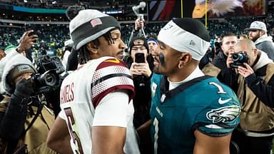 Nov 14, 2024; Philadelphia, Pennsylvania, USA; Philadelphia Eagles quarterback Jalen Hurts (1) and Washington Commanders quarterback Jayden Daniels (5) shake hands after an Eagles victory at Lincoln Financial Field.