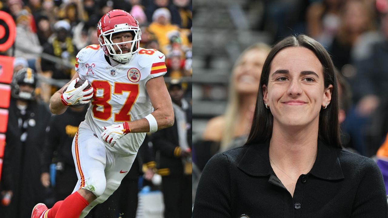 Travis Kelce (L), Caitlin Clark (R)