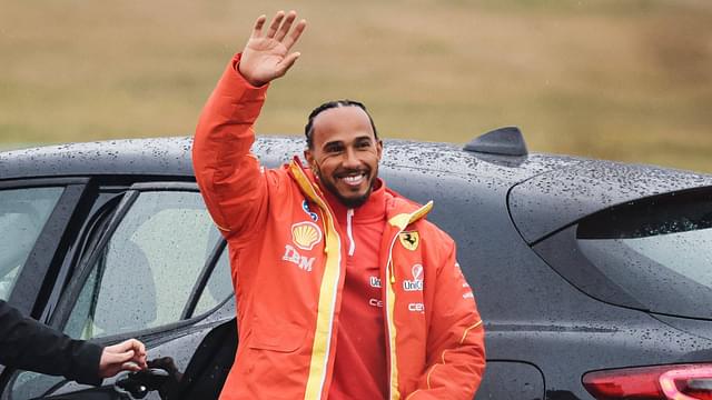 Lewis Hamilton drives on track during the first day of testing as a Scuderia Ferrari F1 driver at the Fiorano Circuit