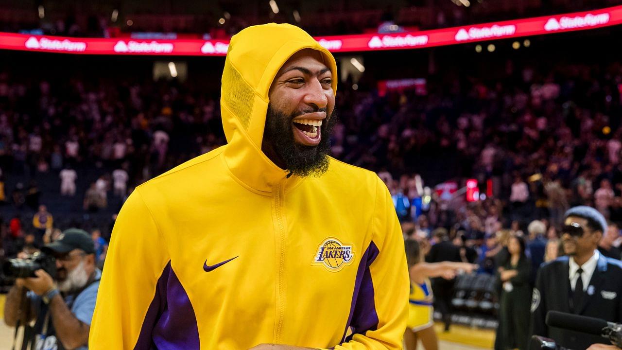 Los Angeles Lakers center Anthony Davis (3) laughs as he exits the court after a game against the Golden State Warriors at Chase Center