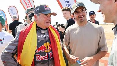 SAINZ Carlos (spa), Team Audi Audi RS Q E-Tron E2, FIA Ultimate, FIA W2RC, portrait with his son Carlos Sainz Jr finish line, arrive, during Stage 12 of the Dakar 2024