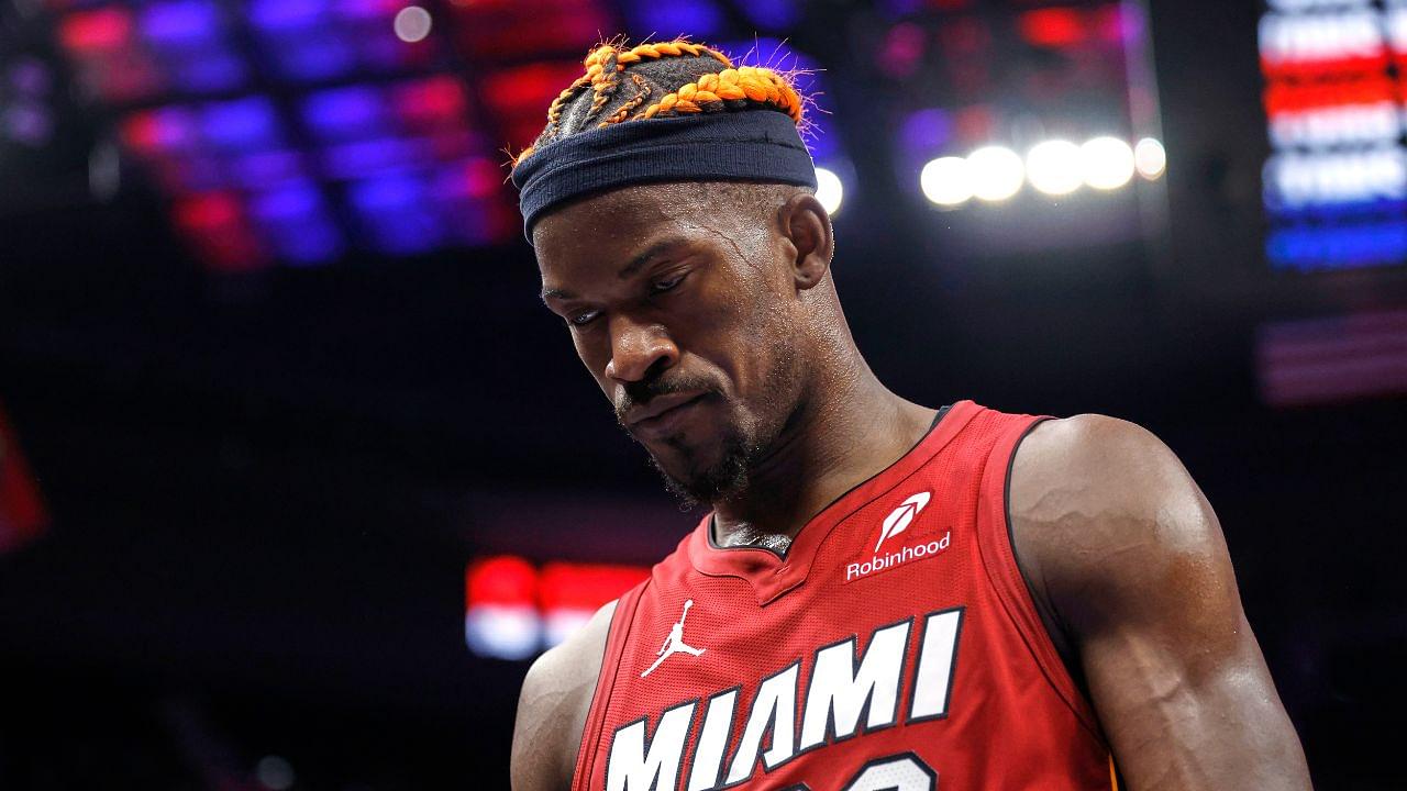 Miami Heat forward Jimmy Butler (22) walks off the court after the game against the Detroit Pistons at Little Caesars Arena