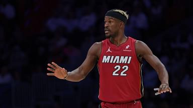 Miami Heat forward Jimmy Butler (22) reacts against the Portland Trail Blazers during the third quarter at Kaseya Center