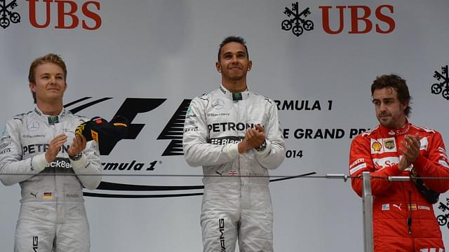 Race of Chinese F1 GP at Shanghai circuit. In this picture, Nico Rosberg, Lewis Hamilton and Fernando Alonso on the podium