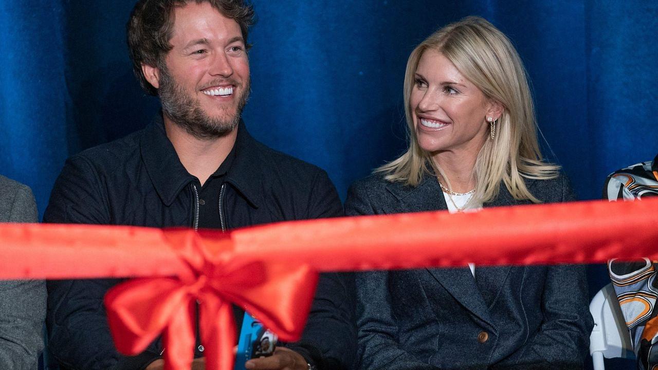 Mathew and Kelly Stafford share a laugh during speeches for the ribbon cutting of the Kelly and Matthew Stafford and Friends Education Center at the S.A.Y Detroit Play Center in Detroit on Monday, April 1, 2024.