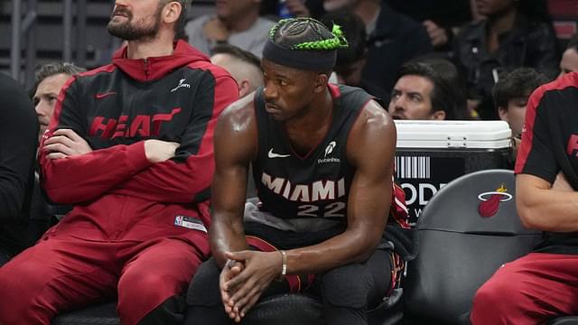 Miami Heat forward Jimmy Butler (22) looks on from the bench during the second half at Kaseya Center.