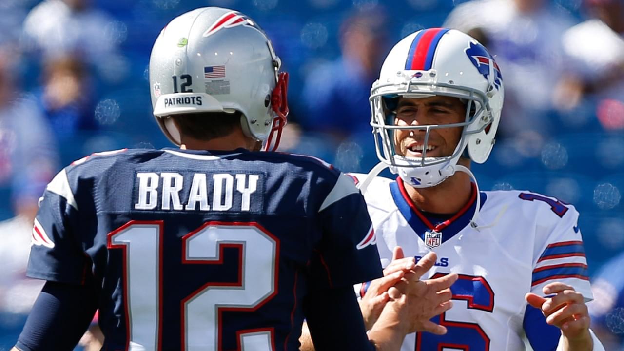 Sep 20, 2015; Orchard Park, NY, USA; New England Patriots quarterback Tom Brady (12) and Buffalo Bills quarterback Matt Cassel (16) before the game at Ralph Wilson Stadium.