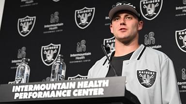 Las Vegas Raiders tight end Brock Bowers speaks to the media at Intermountain Health Performance Center in Henderson, NV.