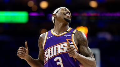 Phoenix Suns guard Bradley Beal (3) reacts after a play against the Philadelphia 76ers during the third quarter at Wells Fargo Center.