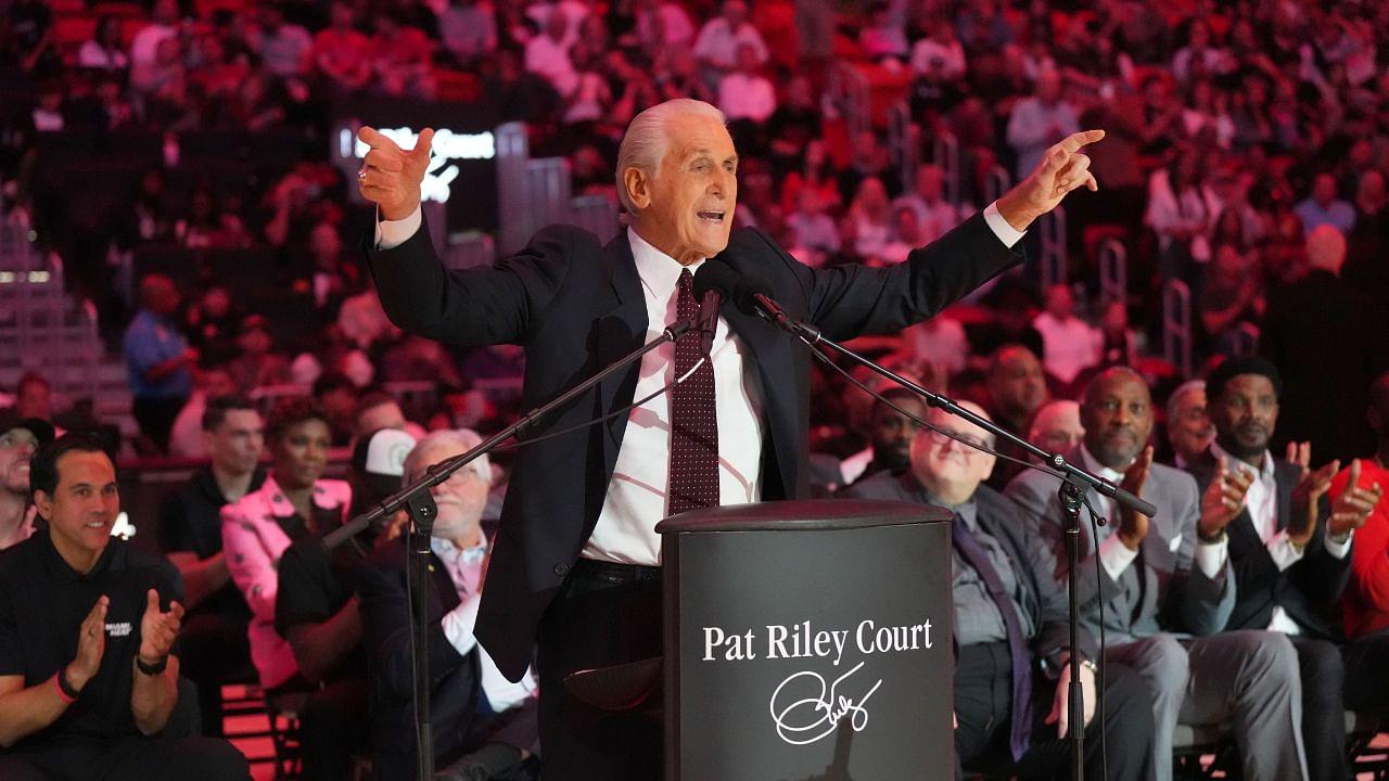 Miami Heat president Pat Riley addresses the crowd during the Pat Riley Court dedication ceremony at halftime at Kaseya Center.