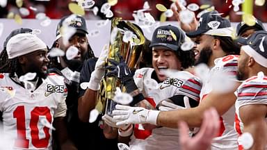 Jan 20, 2025; Atlanta, GA, USA; The Ohio State Buckeyes celebrates after winning against the Notre Dame Fighting Irish in the CFP National Championship college football game at Mercedes-Benz Stadium.